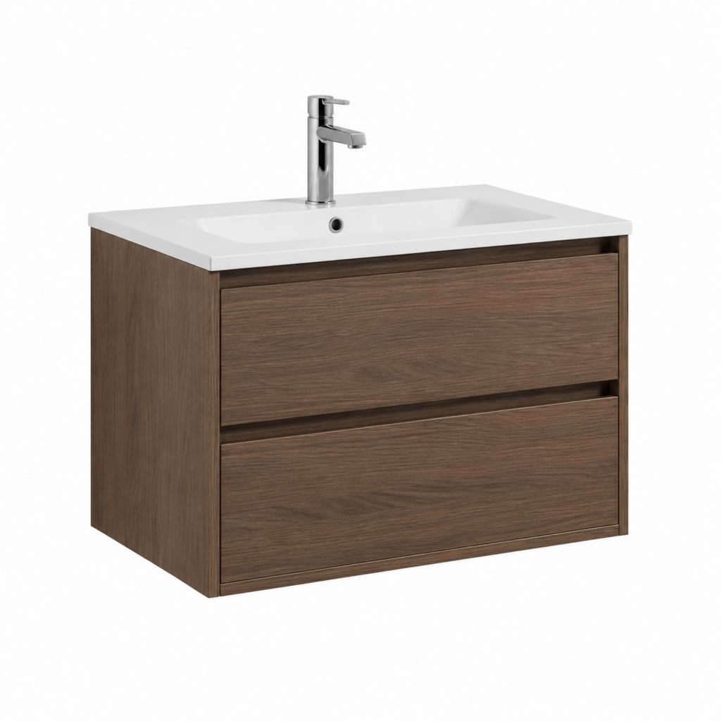 Meuble sous vasque suspendu avec lavabo blanc en céramique 80 x 46 x 55 cm décor chêne foncé