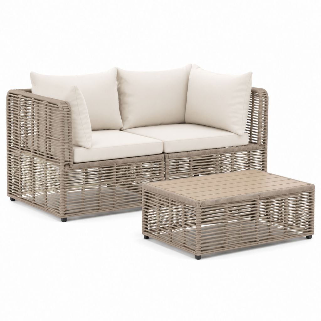 Salon de jardin 2 places avec table basse taupe et blanc en rotin PE et aluminium 142 x 78 x 75 cm