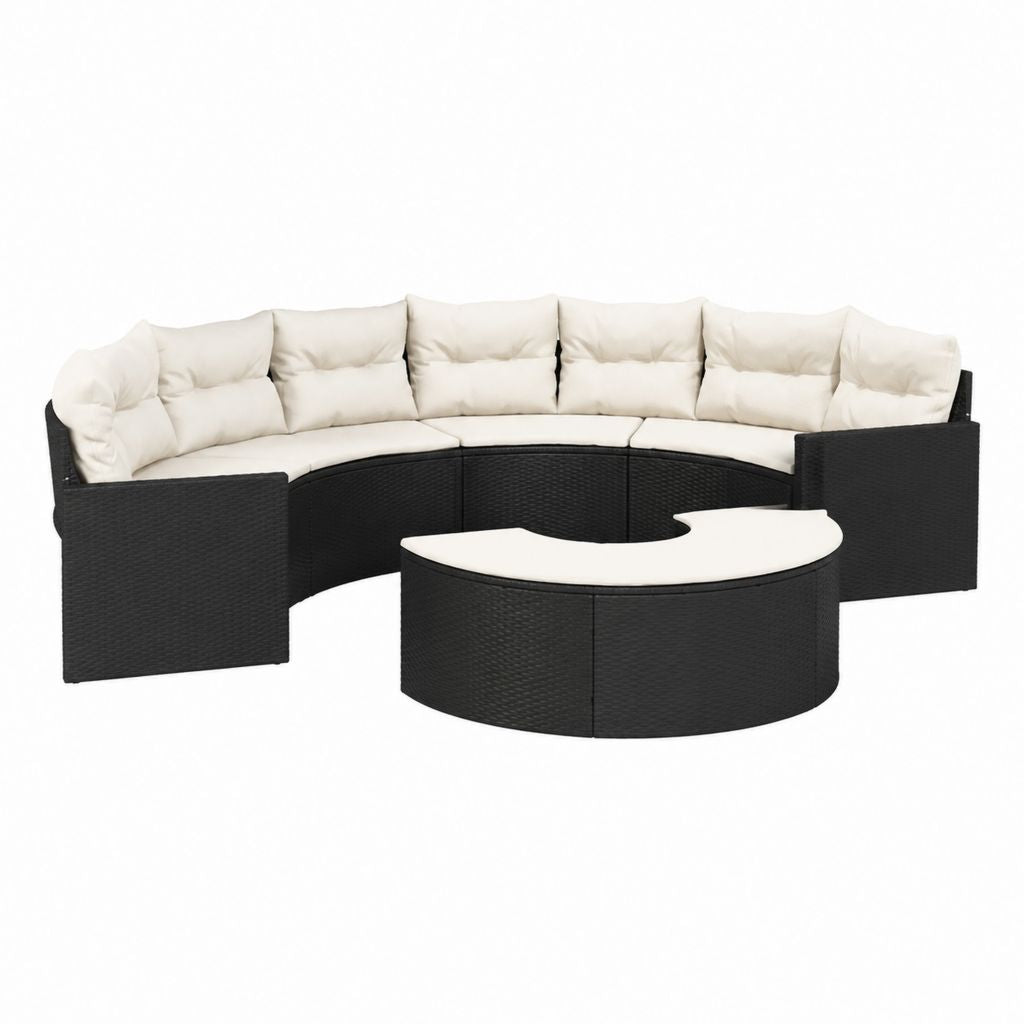 Salon de jardin modulable 7 pièces noir et blanc en résine tressée PE avec coussins 280 x 180 x 78 cm