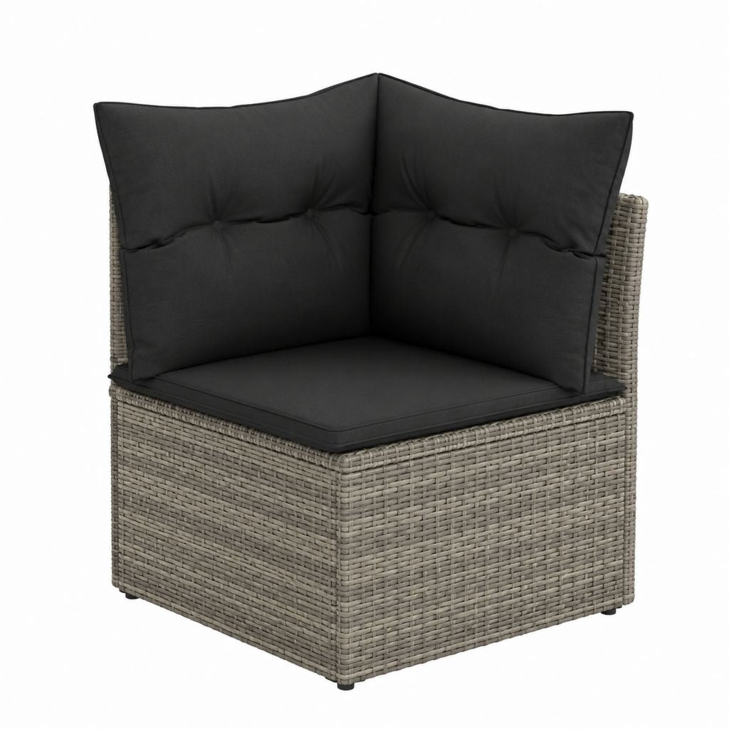 Fauteuil d'angle de jardin gris en résine tressée PE avec coussins noirs 70 x 70 x 70 cm