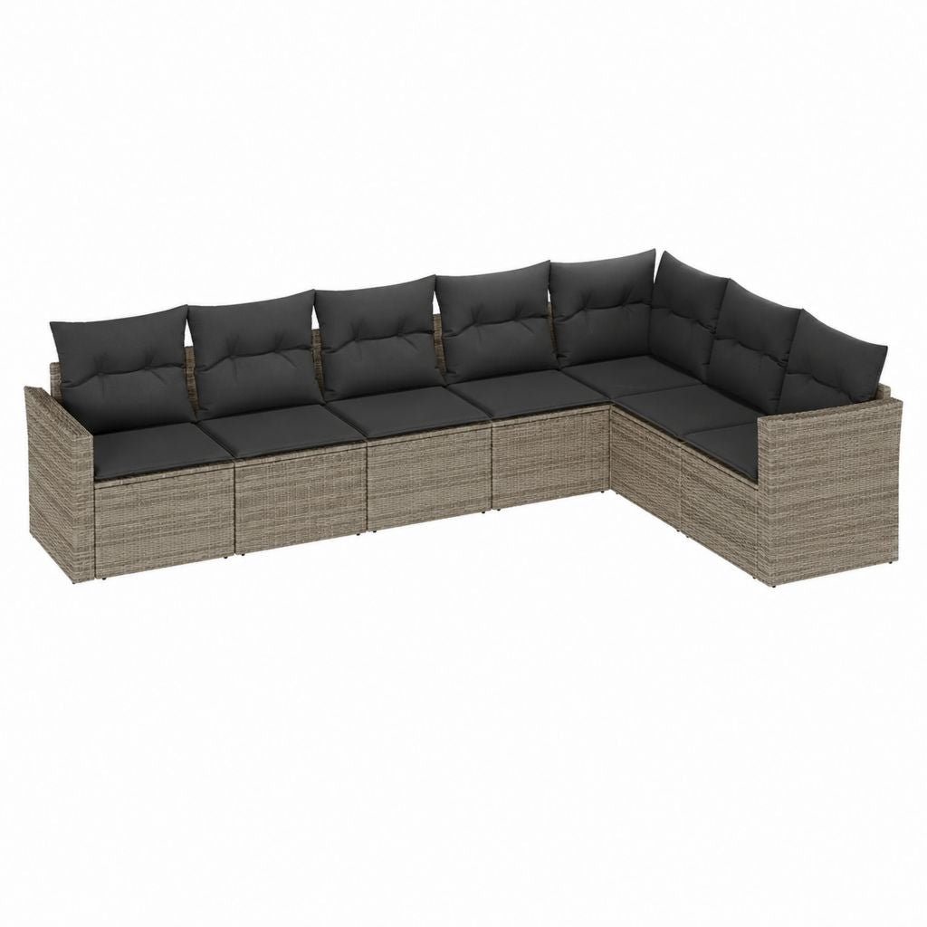 Canapé de jardin d'angle 6 places gris en résine tressée PE avec coussins noirs 280 x 210 x 60 cm