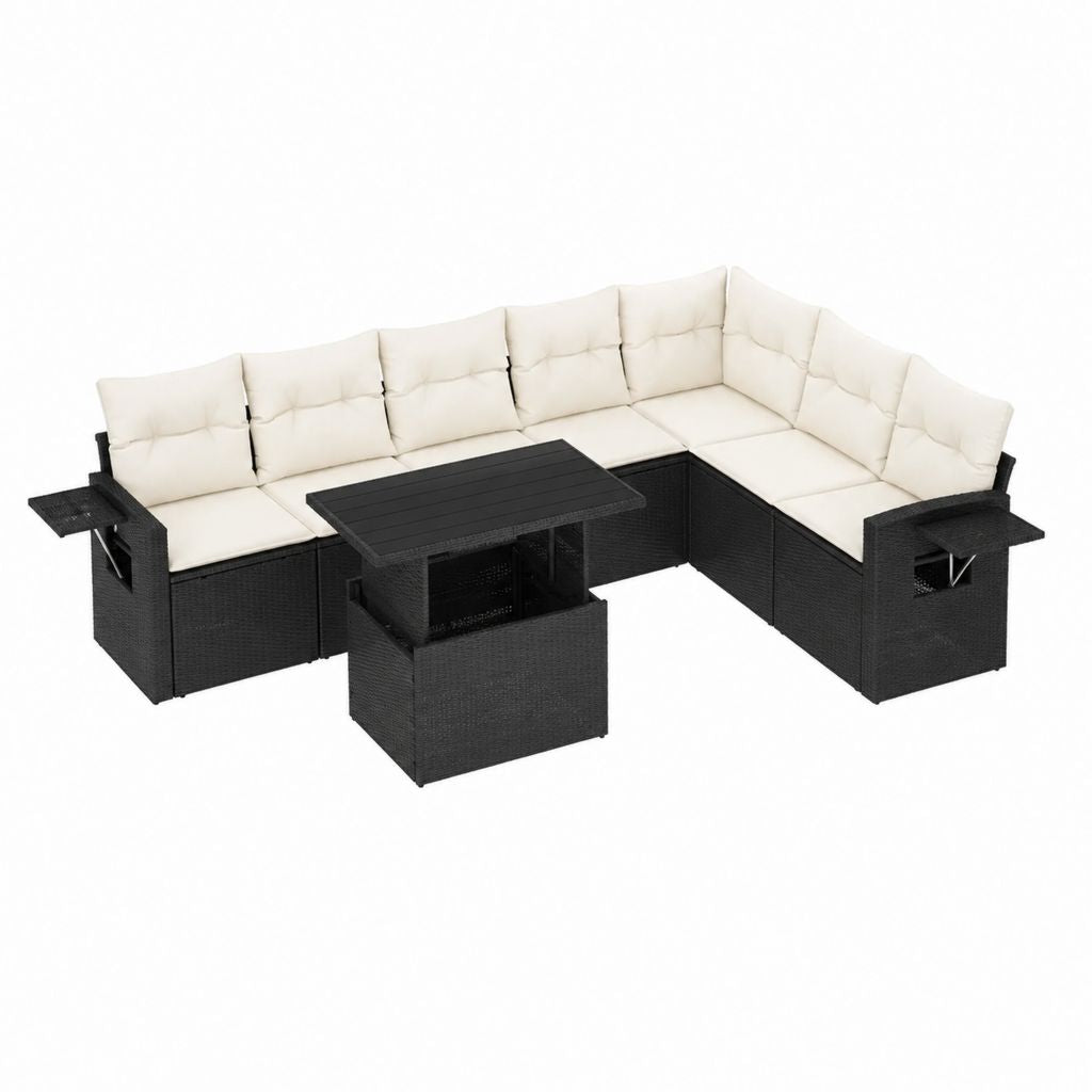Salon de jardin d'angle 7 pièces noir et crème en résine tressée PE avec coussins 210 x 210 cm