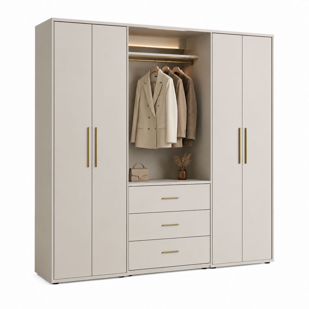 Armoire de chambre 4 portes avec niche ouverte et 3 tiroirs beige en panneaux de particules mélaminés 300 x 60 x 220 cm