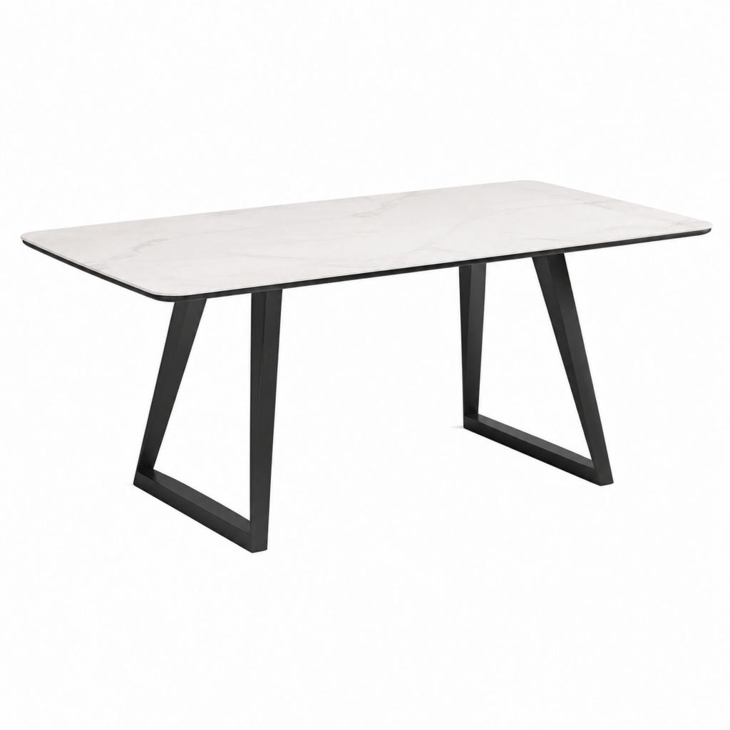 Table à manger rectangulaire blanche en verre trempé effet marbre et acier noir 140 x 80 x 75 cm