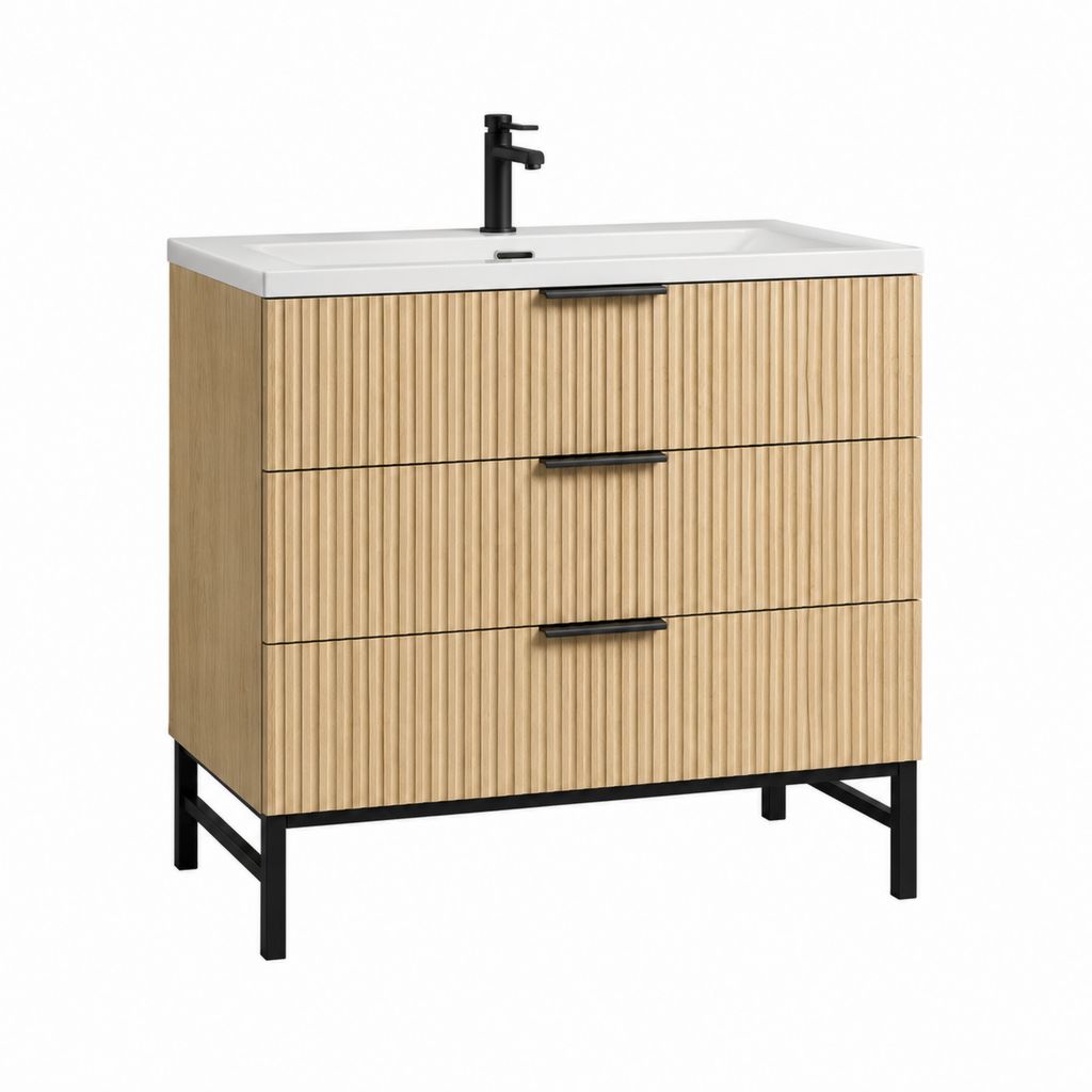 Meuble sous vasque avec vasque intégrée chêne clair MDF rainuré 80 x 46 x 85 cm