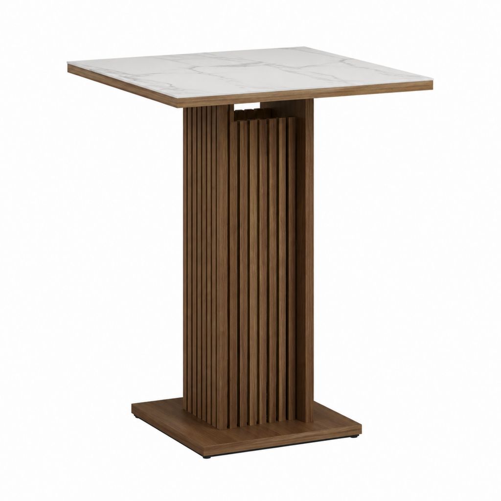 Table à manger haute carrée blanche et noyer en céramique et MDF 80 x 80 x 110 cm