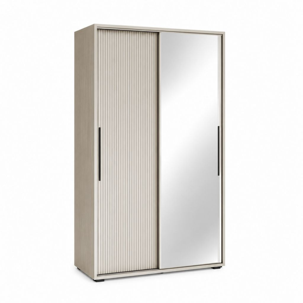 Armoire coulissante 2 portes beige en panneaux de particules avec miroir 120 x 60 x 200 cm