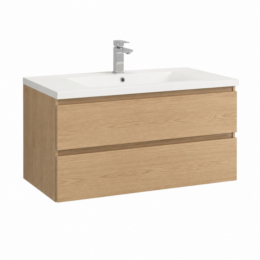 Meuble sous vasque suspendu chêne clair avec lavabo rectangulaire en céramique 80 x 46 x 54 cm