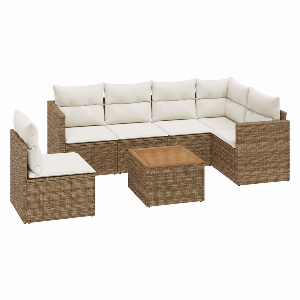 Salon de jardin 6 pièces beige en rotin synthétique PE avec canapé d'angle table basse et coussins 220 x 160 cm