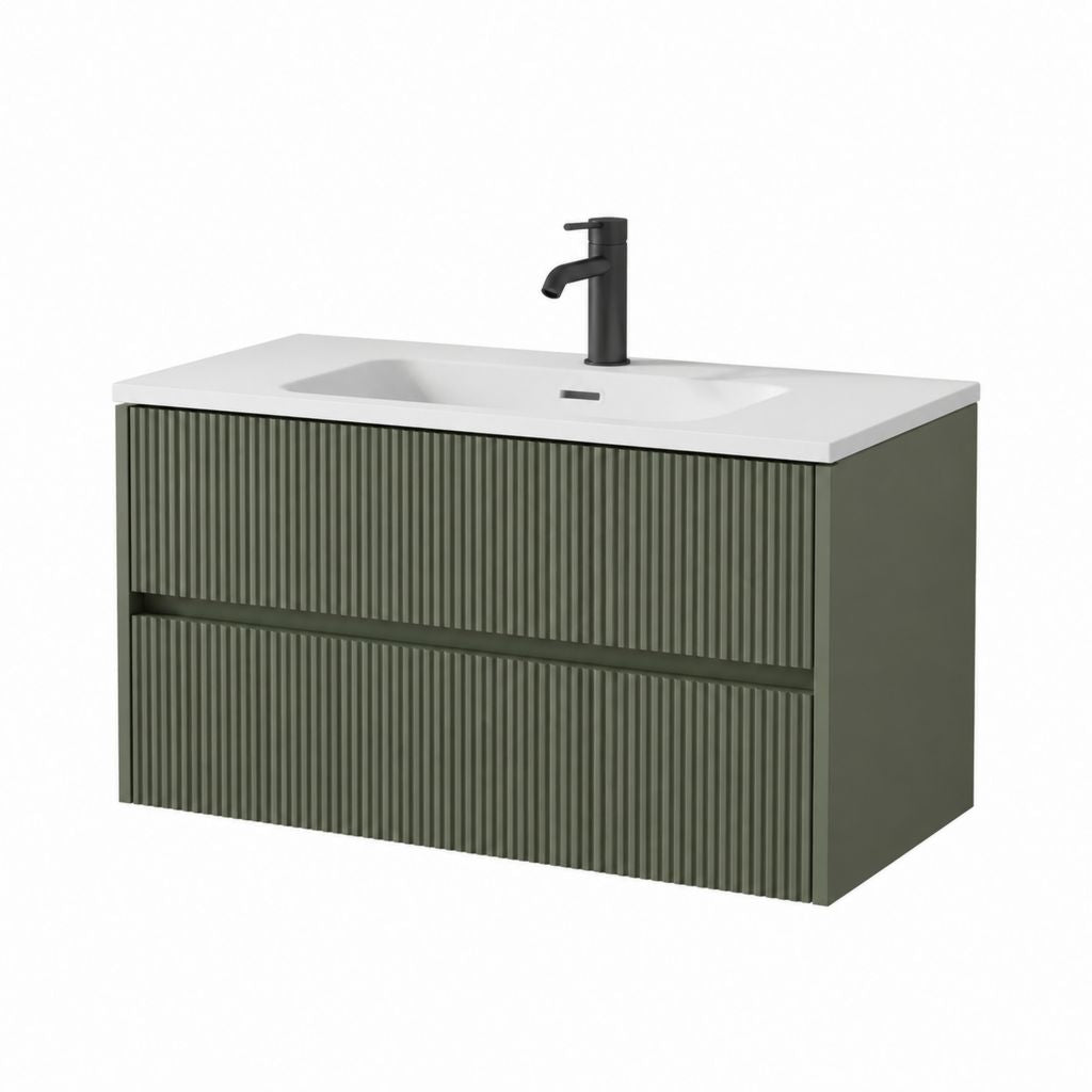 Meuble sous vasque suspendu vert olive en MDF avec lavabo rectangulaire en céramique 80 x 46 x 55 cm