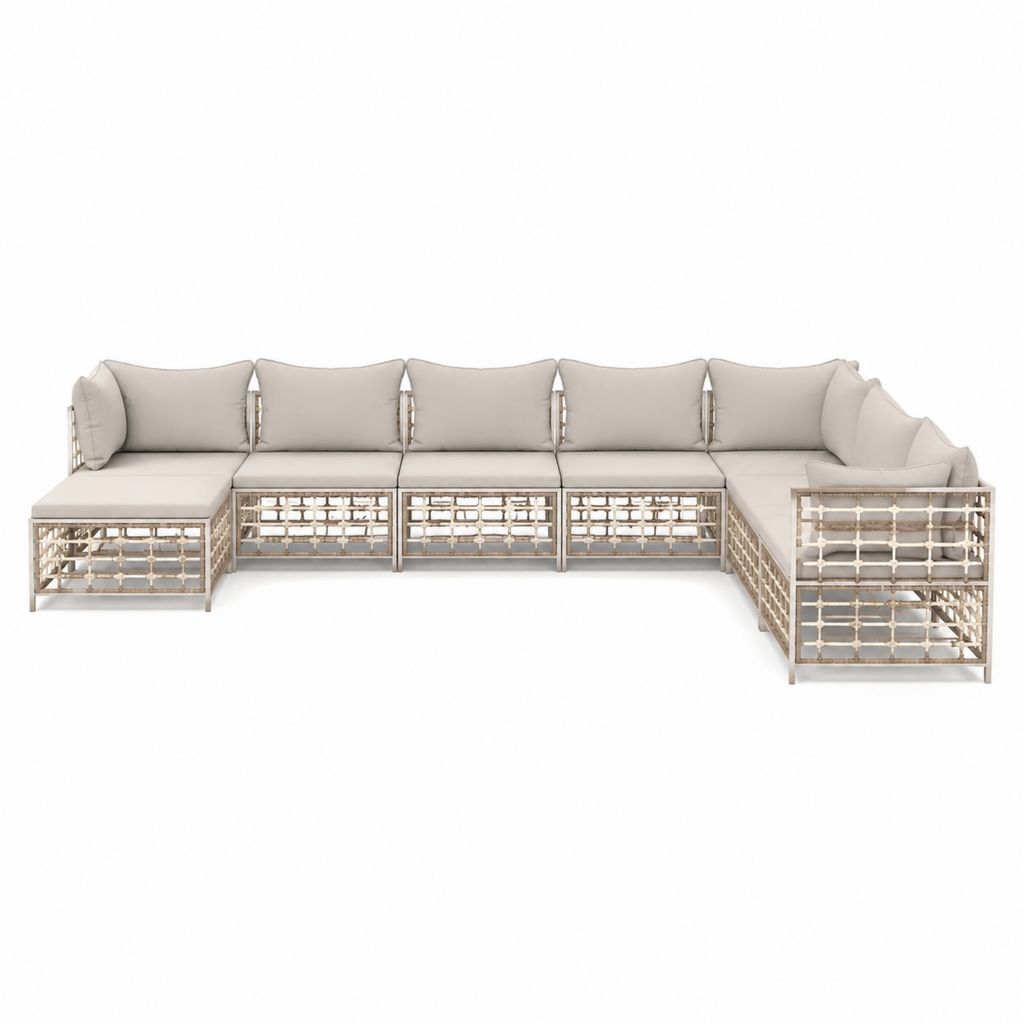 Salon de jardin modulable 6 places en aluminium beige avec coussins 430 x 210 x 70 cm